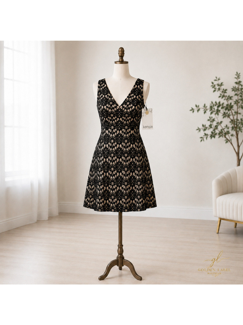Kensie Lace Fit & Flare Mini Dress Womens 10 Black Nude Sleeveless NWT